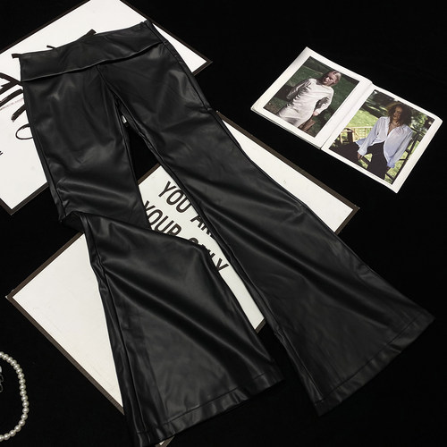 CCA自制辣妹风修身低腰pu皮喇叭裤显瘦黑色微喇拖地时髦皮裤女裤