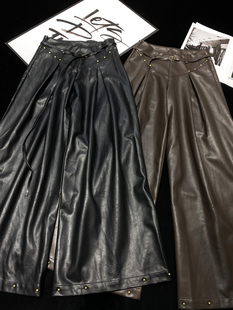 喇叭裤 古着哥特风低腰PU皮拖地阔腿裤 女 复古辣妹铆钉皮裤 CCA美式