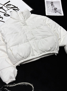 CCA自制高街白色仿皮PU棉服夹克短款收腰立领面包棉衣外套女