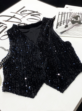 CCA高街大牌风黑色亮片短款丝绒背心V领显瘦外搭亮闪闪马甲外套女