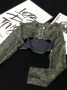 CCA自制美式 复古辣妹水洗绿色机车皮衣外套皮扣超短PU皮坎肩披肩