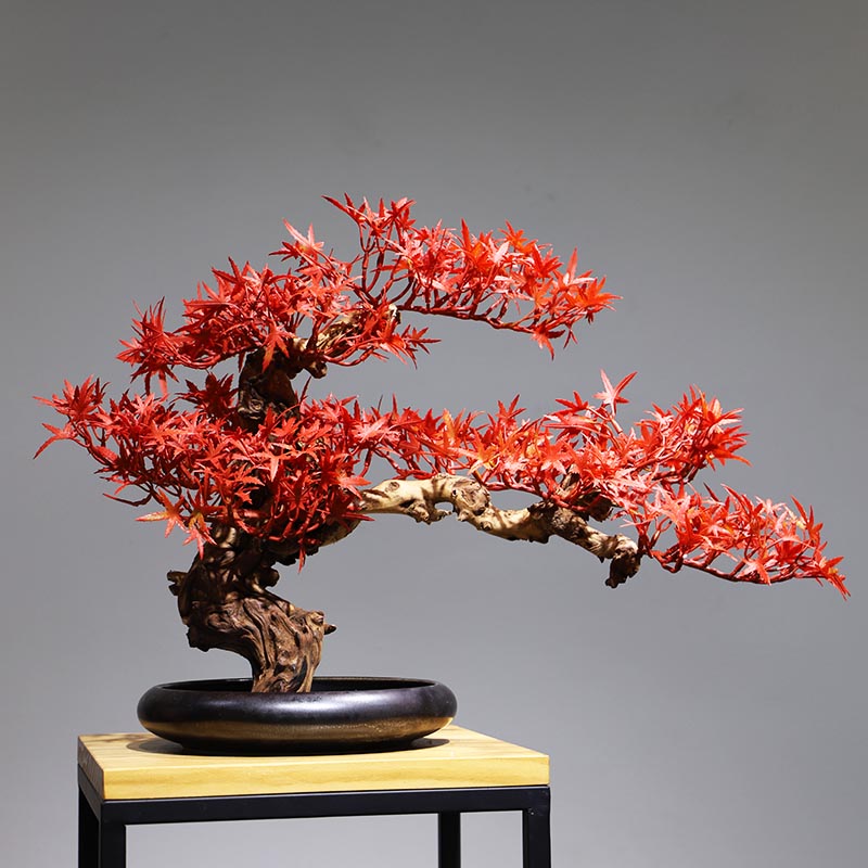 新中式风仿真盆景实木树根迎客松