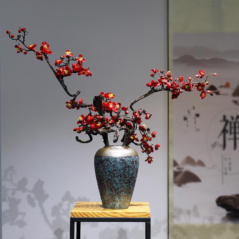 新中式现代轻奢复古陶瓷花瓶摆件客厅玄关酒店腊梅插花样板房装饰