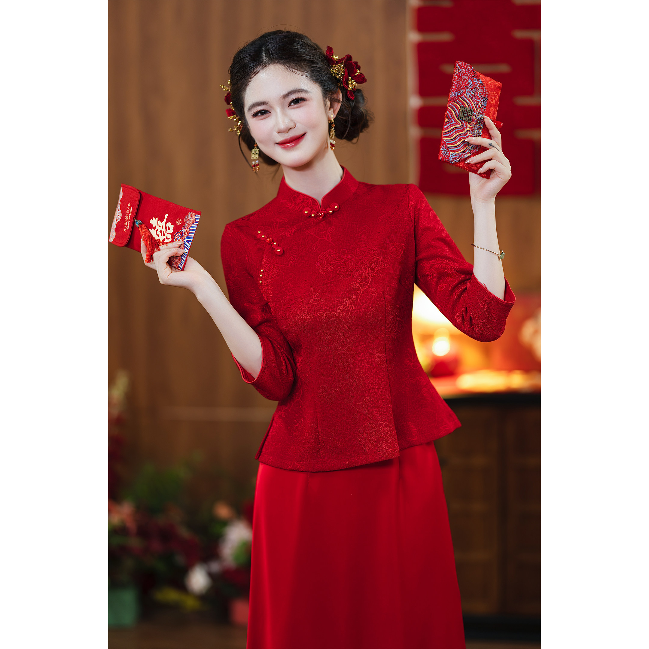 红色旗袍敬酒服新娘结婚订婚礼服裙女新中式套装长袖秋季新款修身