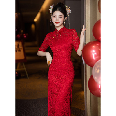 中袖敬酒服新娘旗袍酒红色2025新款订婚礼服裙新中式结婚女高级感