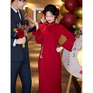 长袖 冬季 订婚礼服裙冬天 加绒敬酒服新娘结婚回门便装 红色旗袍冬装