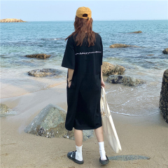 Real shot spring and summer new pocket short sleeve long loose T-shirt women's over knee buttock embroidered letter dress
