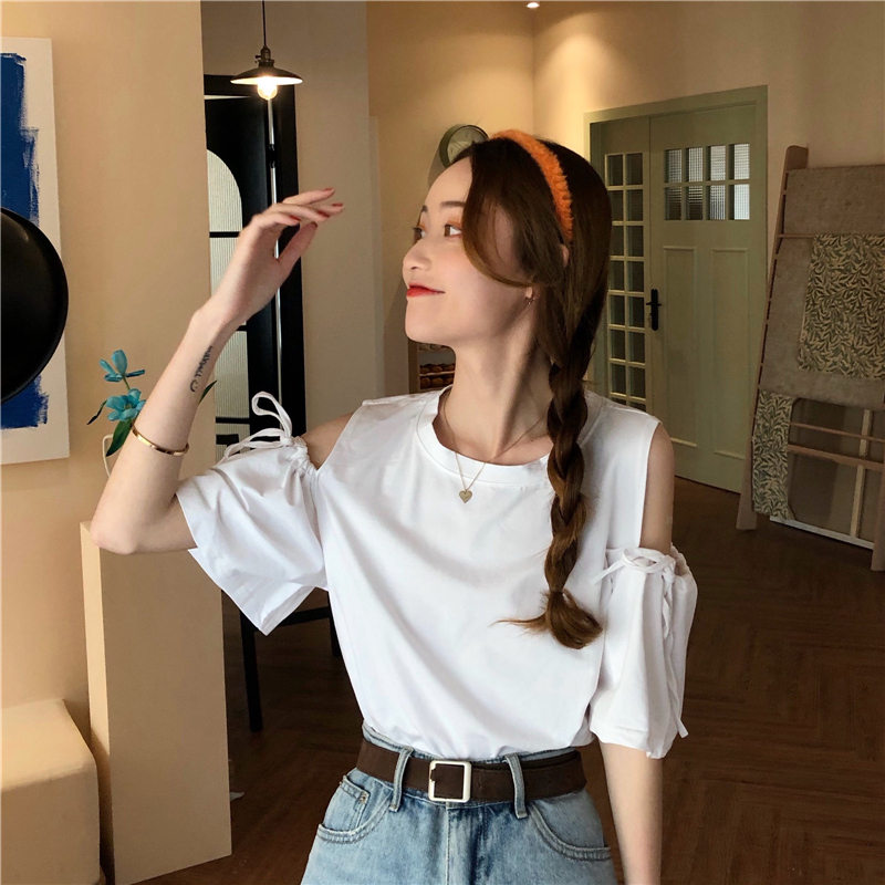 Real shooting new off shoulder summer wear loose and simple short sleeve T-shirt Korean student loose bandage top