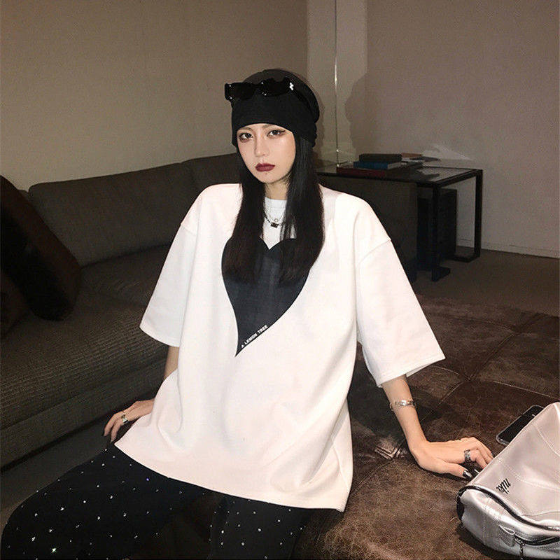 Chao brand love printing short sleeve T-shirt for women loose and thin medium length thickened and ground wool 5-sleeve top for women