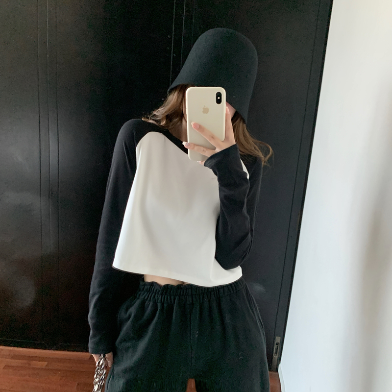 Real shot spring cotton long sleeve T-shirt women's high waist short slim color matching top