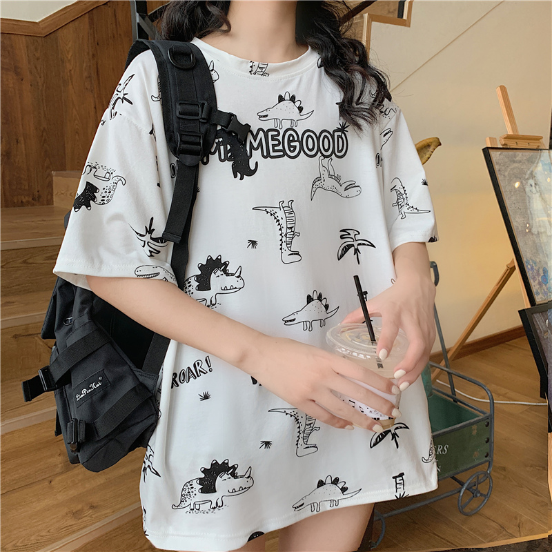Real shot new Harajuku style Korean loose medium length dinosaur printed T-shirt women's trend