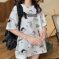 Real shot new Harajuku style Korean loose medium length dinosaur printed T-shirt women's trend