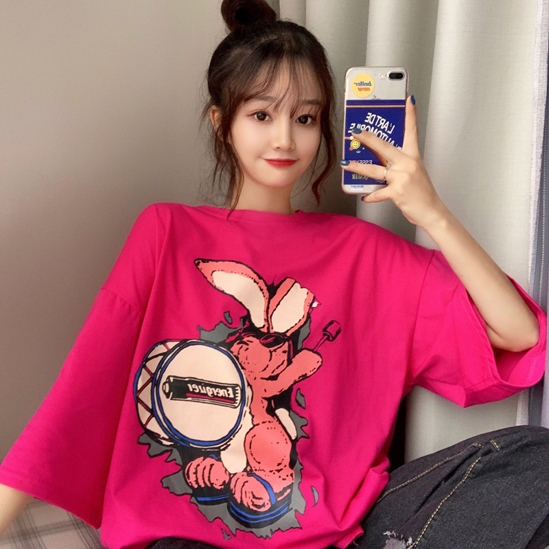Real photo 2021 new loose and lovely short sleeve t-shirt female split middle and long print cartoon student