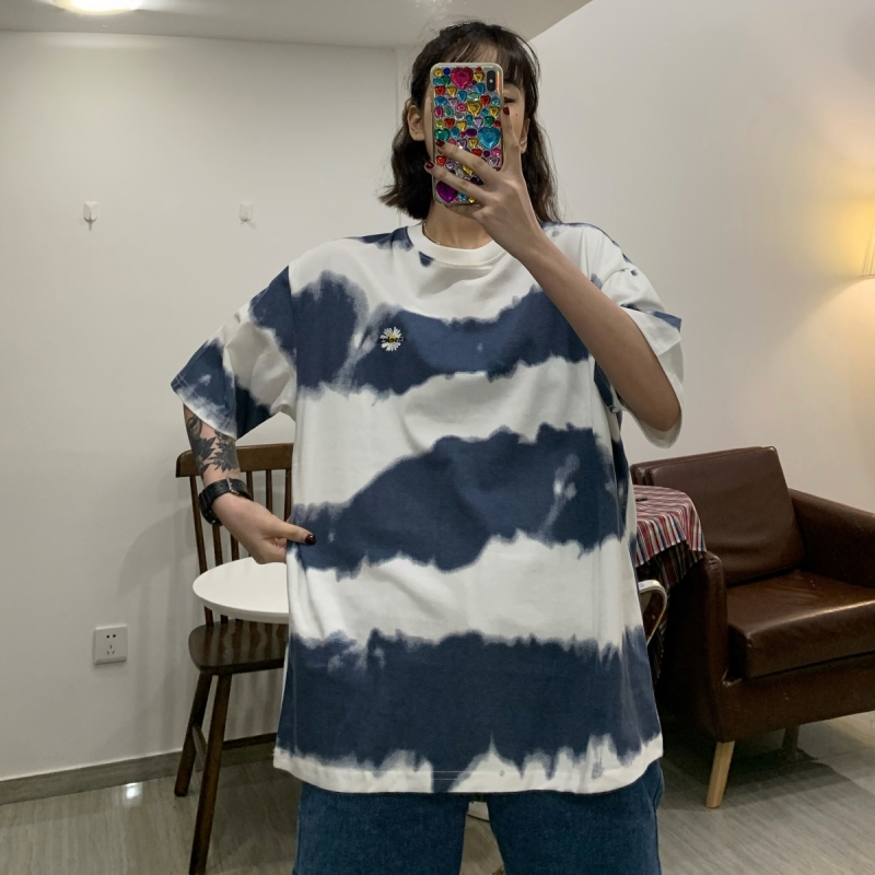 Real photo 2021 new loose round neck short sleeve original suzerain T-shirt women's middle length gradient stripe