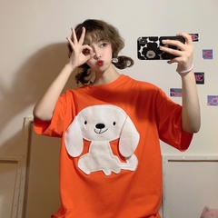 Real shot of 2021 spring and summer new short sleeve T-shirt women's mid long Hong Kong Style BF cartoon cute dog embroidery women's trend
