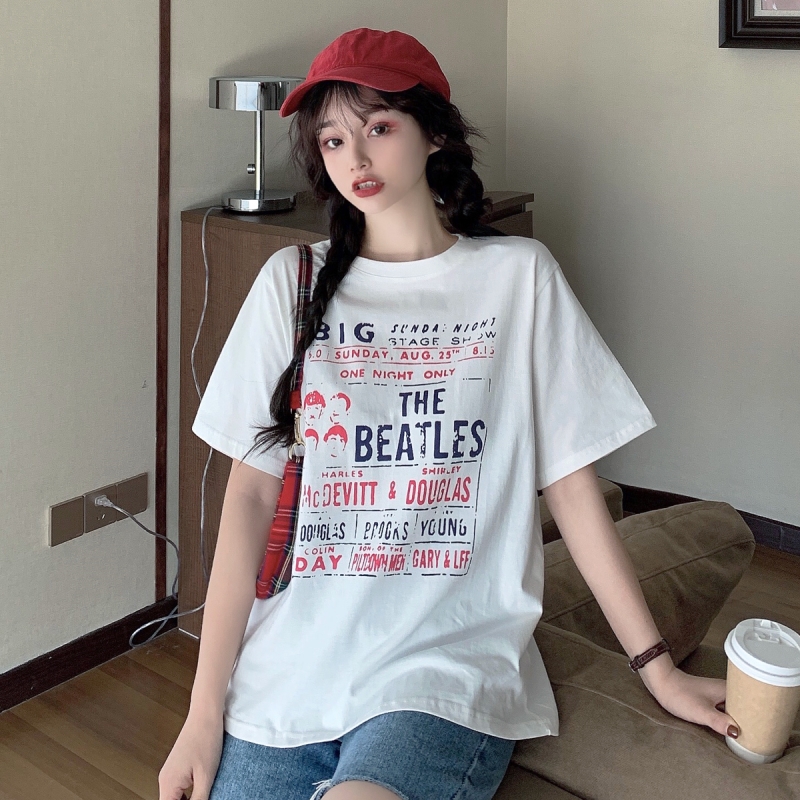 Real shot summer white letter print solid short sleeve round neck T-shirt women's fashion