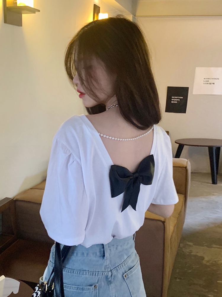 New style milk silk sweet hot wind white short sleeve T-shirt women's wear summer new design feeling small public backless
