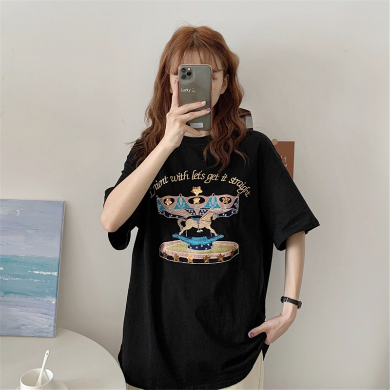 Real shot heavy industry embroidery design small crowd medium length loose short sleeve T-shirt women's fashion