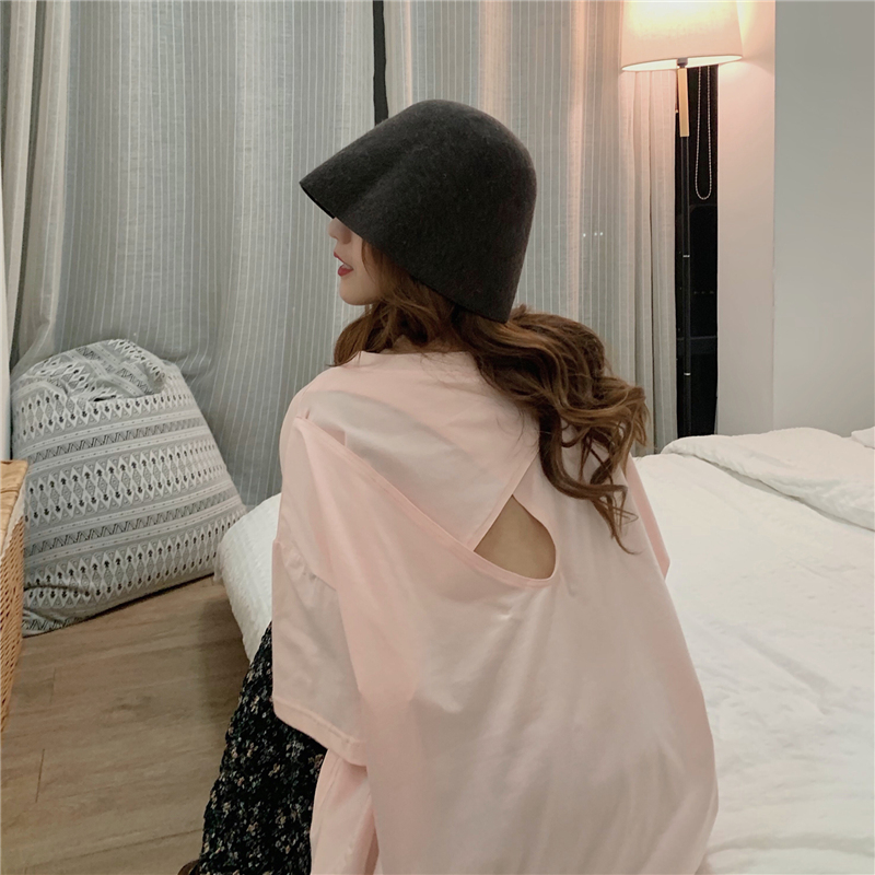 Real shot spring and summer new short sleeve women's simple T-shirt with hollow back design