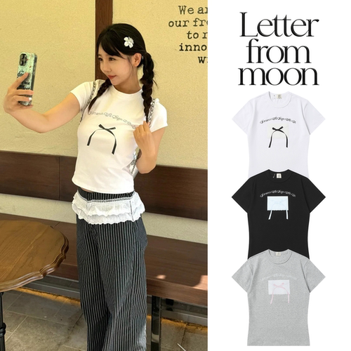 【官方正品】Letter from moon蝴蝶结印花短袖T恤女修身短款上衣
