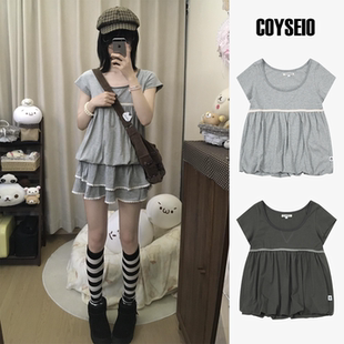 【官方正品】COYSEIO短袖T恤女夏季花苞蕾丝拼接褶皱修身显瘦上衣