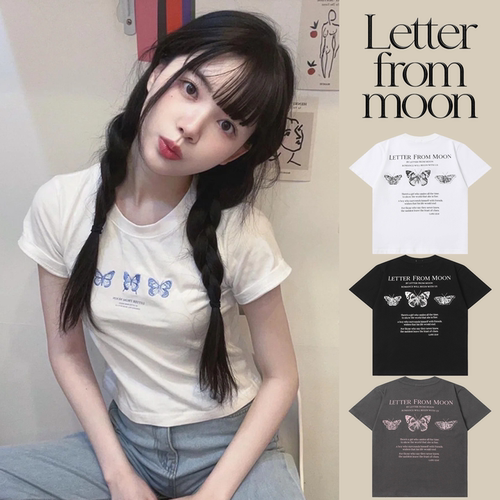 【官方正品】Letter from moon蝴蝶刺绣短袖T恤女夏短款修身显瘦