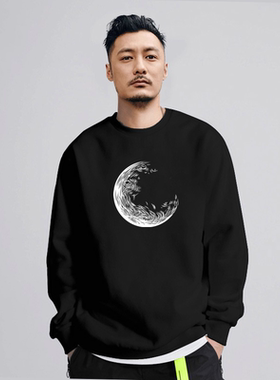 余文乐卫衣男潮牌ins潮流春秋这款月亮薄款圆领黑色加绒长袖t恤冬
