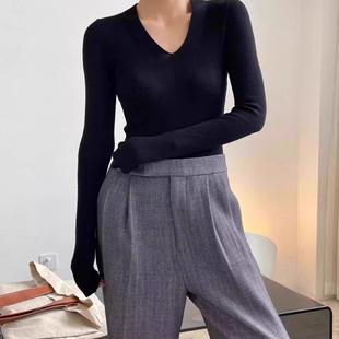 亲肤美丽诺岛精85%15%羊毛v领美利奴羊毛杨子纱长袖针织打底衫