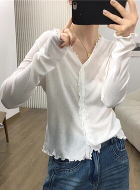夏天细米定制柔软桑蚕丝莱赛尔木耳边长袖上衣轻薄开衫外套空调衫