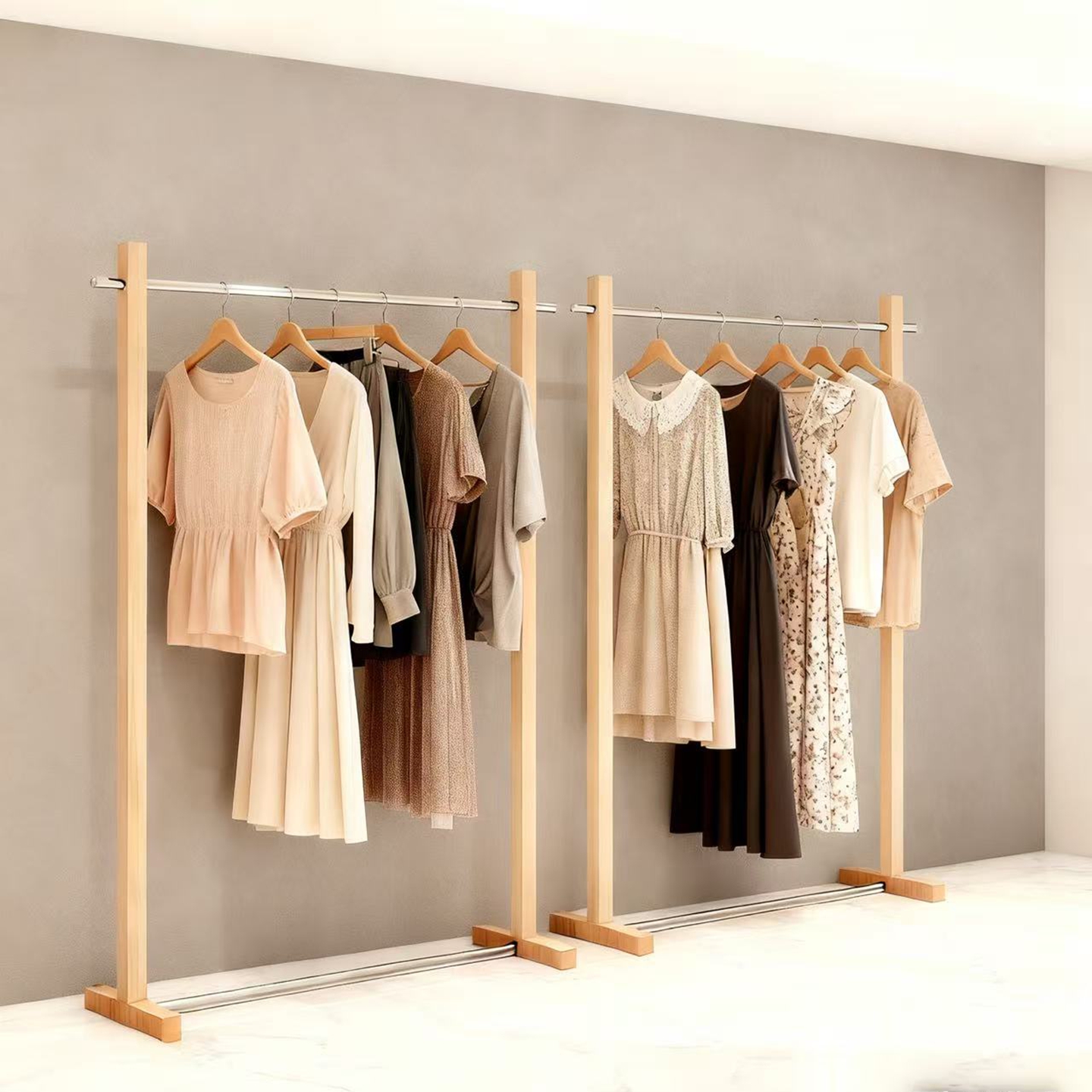服装店展示架女装买手店不锈钢仿原木胡桃木色古风挂衣落地陈列架