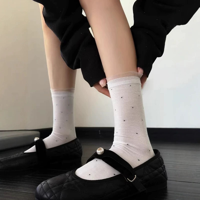 miu风堆堆袜子,白色波点好特别啊，带点欧根纱花边，夏日穿搭bi入