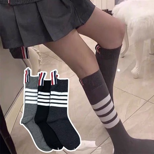 “日系少女”潮牌TB四条杠灰色中筒袜子带标及膝小腿袜王心凌同款