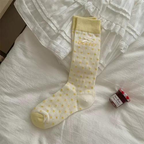 夏日柠檬黄！根本拒jue不了波点堆堆袜呀！.蝴蝶结+波点 韩系甜妹