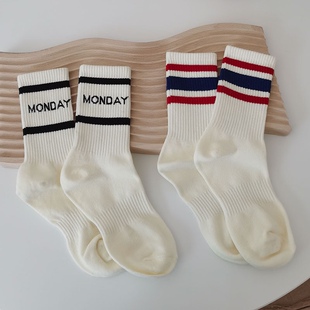 “周一美式 一周没事”原宿ulzzang运动袜子女中筒韩版条纹字母袜