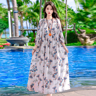 夏季薄款印花棉绸连衣裙女中年妈妈气质长裙度假风人造棉外穿裙子