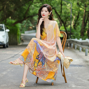 大码 轻奢高级感妈妈装 民族风裙子 波西米亚棉绸连衣裙女士长款 夏季