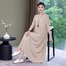 夏季棉绸连衣裙女大码宽松长款过膝裙子2025年新款洋气显瘦妈妈装