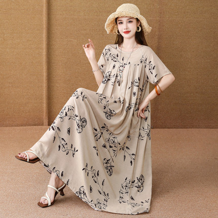2026年夏季新款棉绸连衣裙长款胖mm大码200斤中老年女装妈妈裙子
