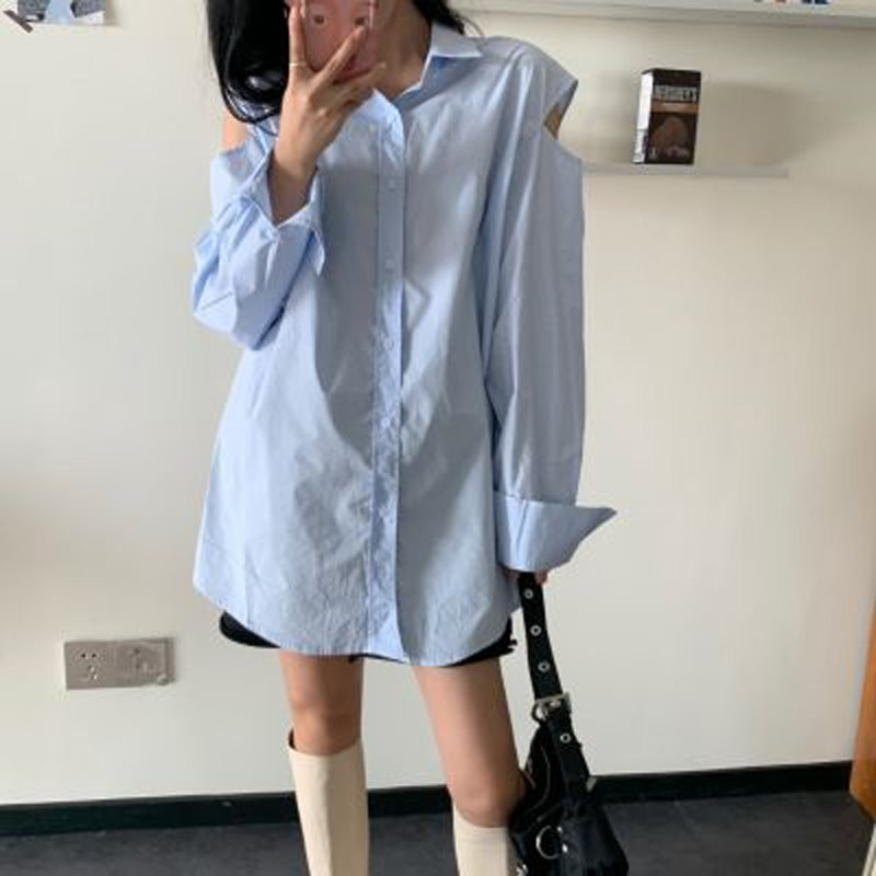 白色衬衫女长袖2022春装新款中长款露肩设计感小众法式衬衣上衣潮|msdalam kategori Butik wanita / wanita, shirt - dari Buy2taobao.com untuk memberikan perkhidmatan ejen Taobao profesional membeli