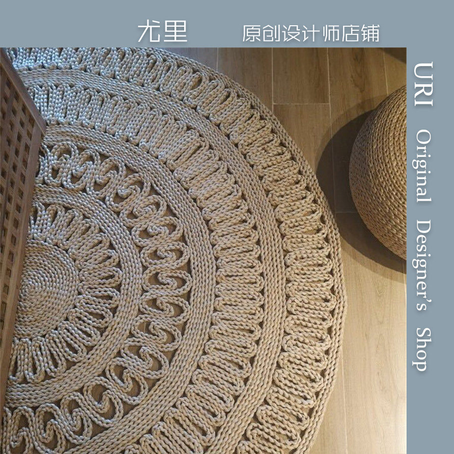 URI 日式天然玉米皮草编地垫加厚环保家居地毯圆垫简约花纹手工毯