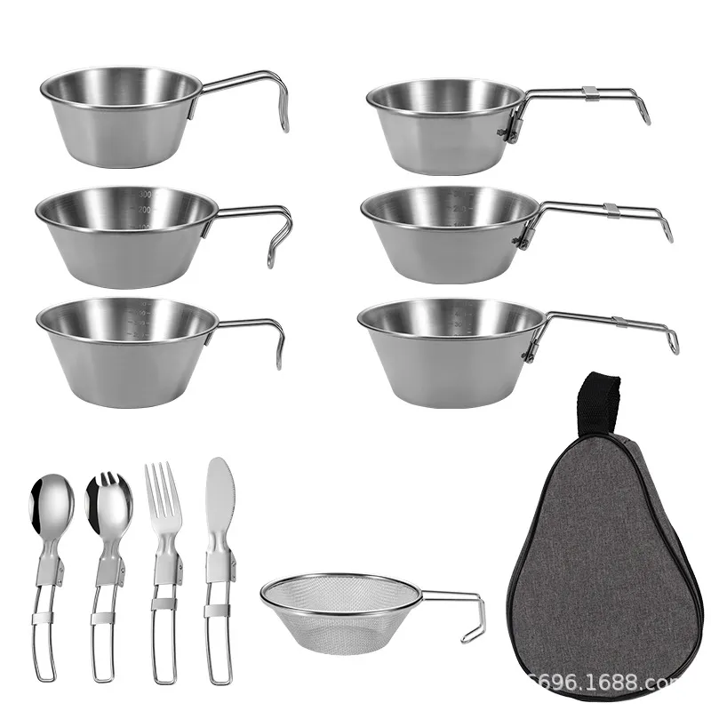 户外露营雪拉碗 304不锈钢便携式野炊登山雪拉杯折叠野营餐具套装