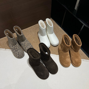 2025冬季新款头层牛皮豹纹短靴女两穿厚底加绒加厚复古保暖雪地靴