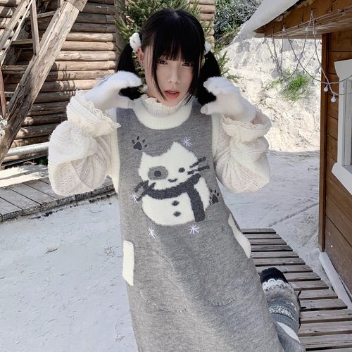 扣扣商店CokoStore 原创猫咪雪人羊毛针织毛衣背心连衣裙甜美可爱