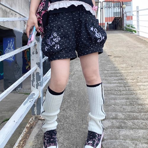 扣扣商店CokoStore 原创波点牛仔短裤可爱音符刺绣南瓜裤灯笼裤