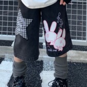 阔腿裤 扣扣商店CokoStore原创可爱亚萌兔子贴布刺绣牛仔裤 七分裤