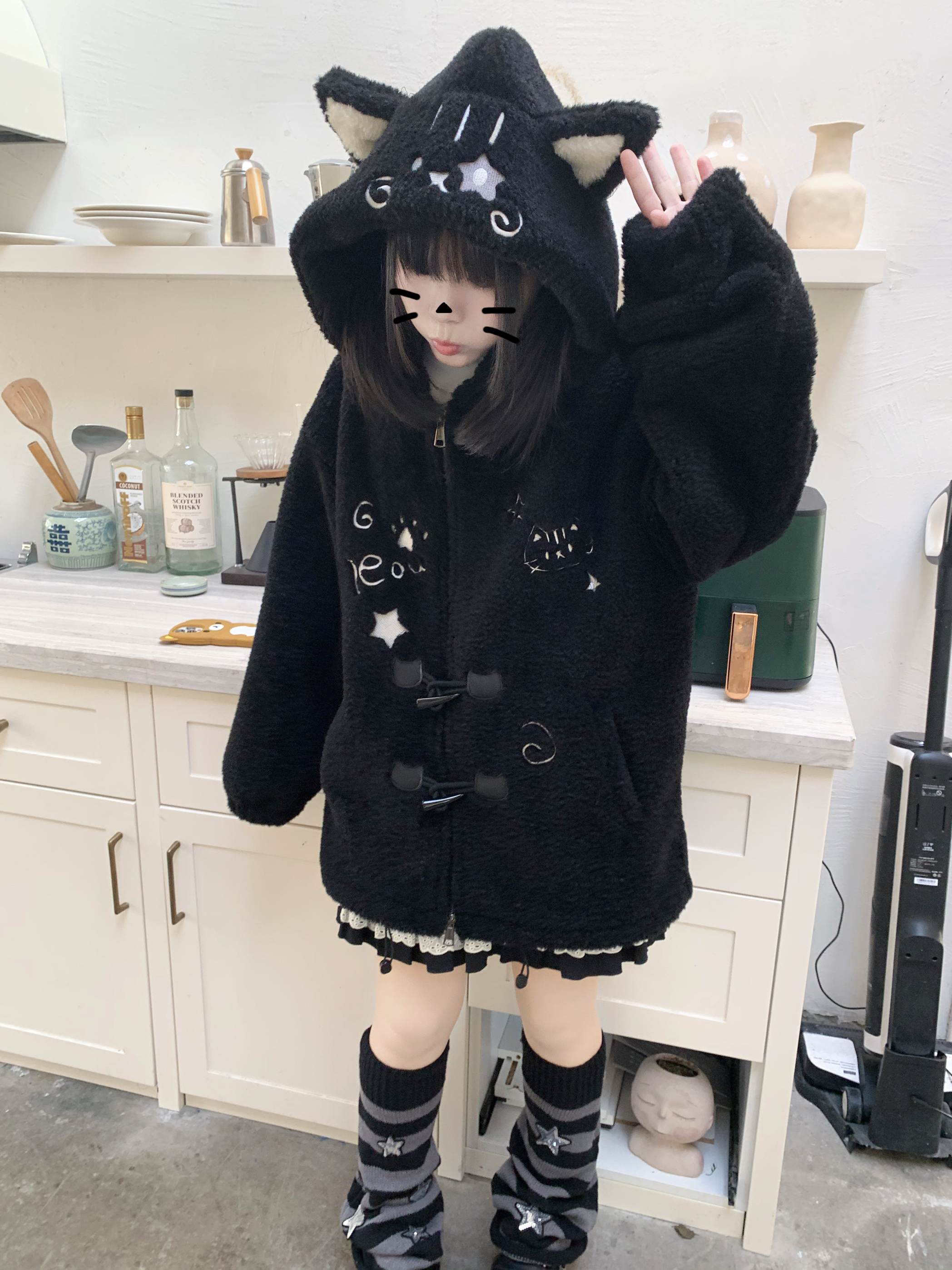 扣扣商店CokoStore原创可爱猫咪耳朵毛绒外套连帽女宽松保暖棉服