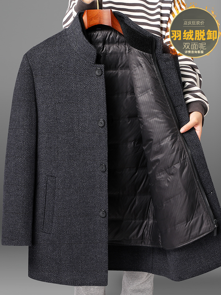 中老年男士爸爸冬季羊毛呢子大衣加厚立领羽绒服棉衣爷爷冬装外套