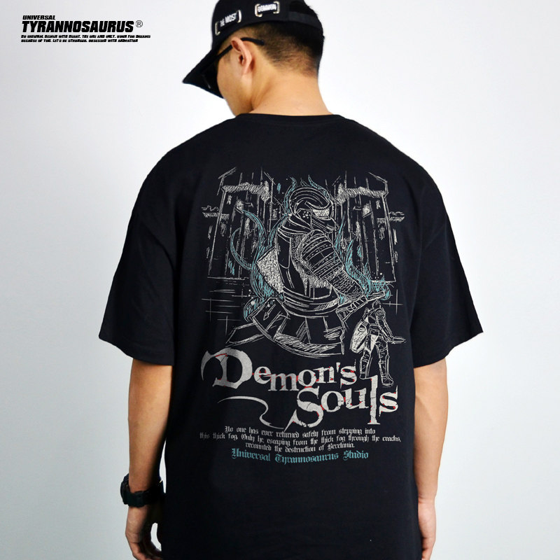 数码直喷黑暗恶魔之魂游戏短袖T恤重磅美式落肩宽松纯棉圆领男女