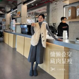 大码女装冬装米白毛绒马甲毛呢阔腿裤套装胖 mm 温柔两件套女