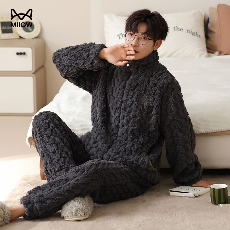 猫人男法兰绒加绒加厚睡衣可外穿
